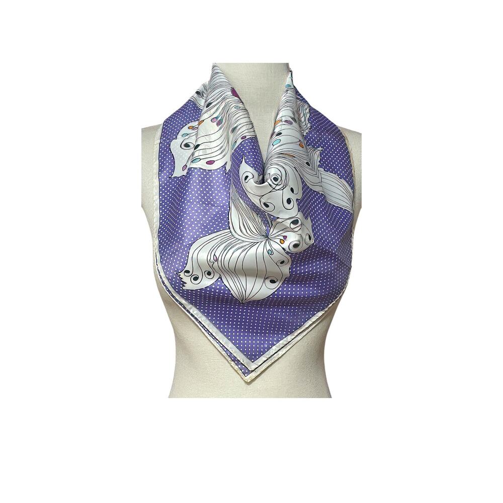 1960s Psychedelic Floral Graphic Purple & White Polka Dot Polyester Scarf Japan